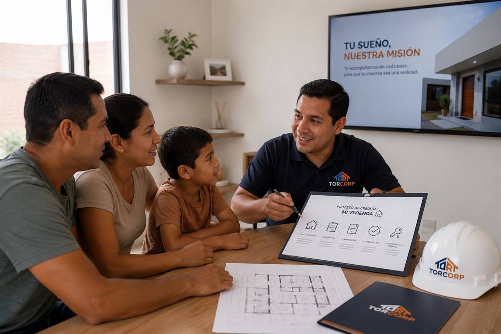 Asesor de TORCORP explicando el proceso de vivienda a una familia